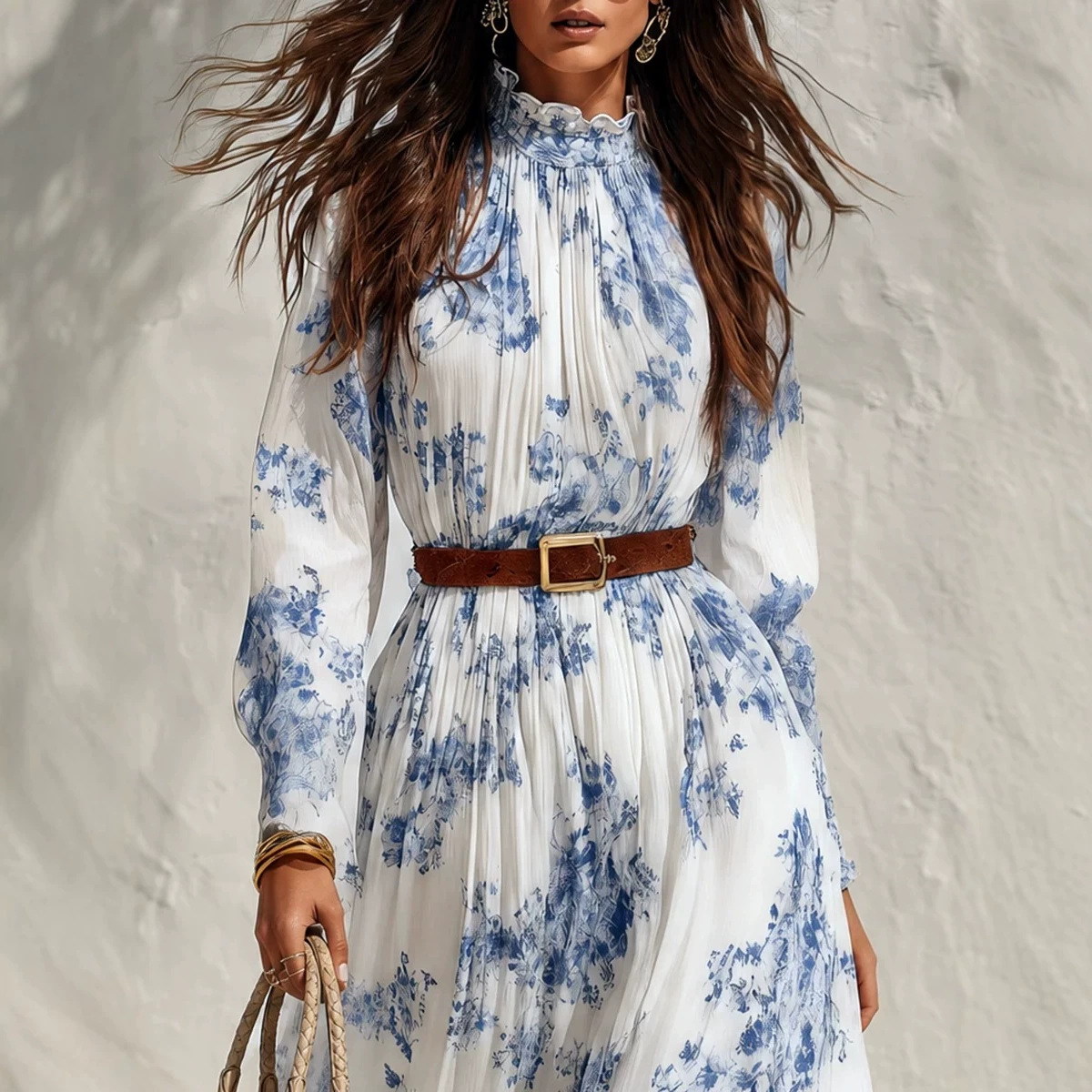 Blue and White Porcelain Print Chiffon Maxi Dress with Ruffle Trim, Stand Collar, Long Sleeves, and Belt