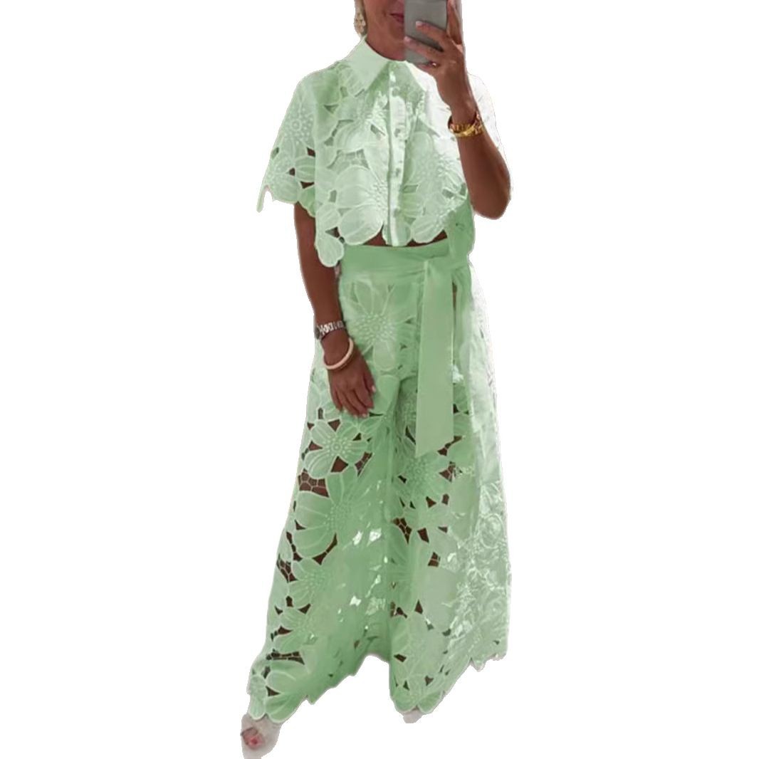 Women's Solid Color Cutout Cardigan and Wide-Leg Pants Two-Piece Set