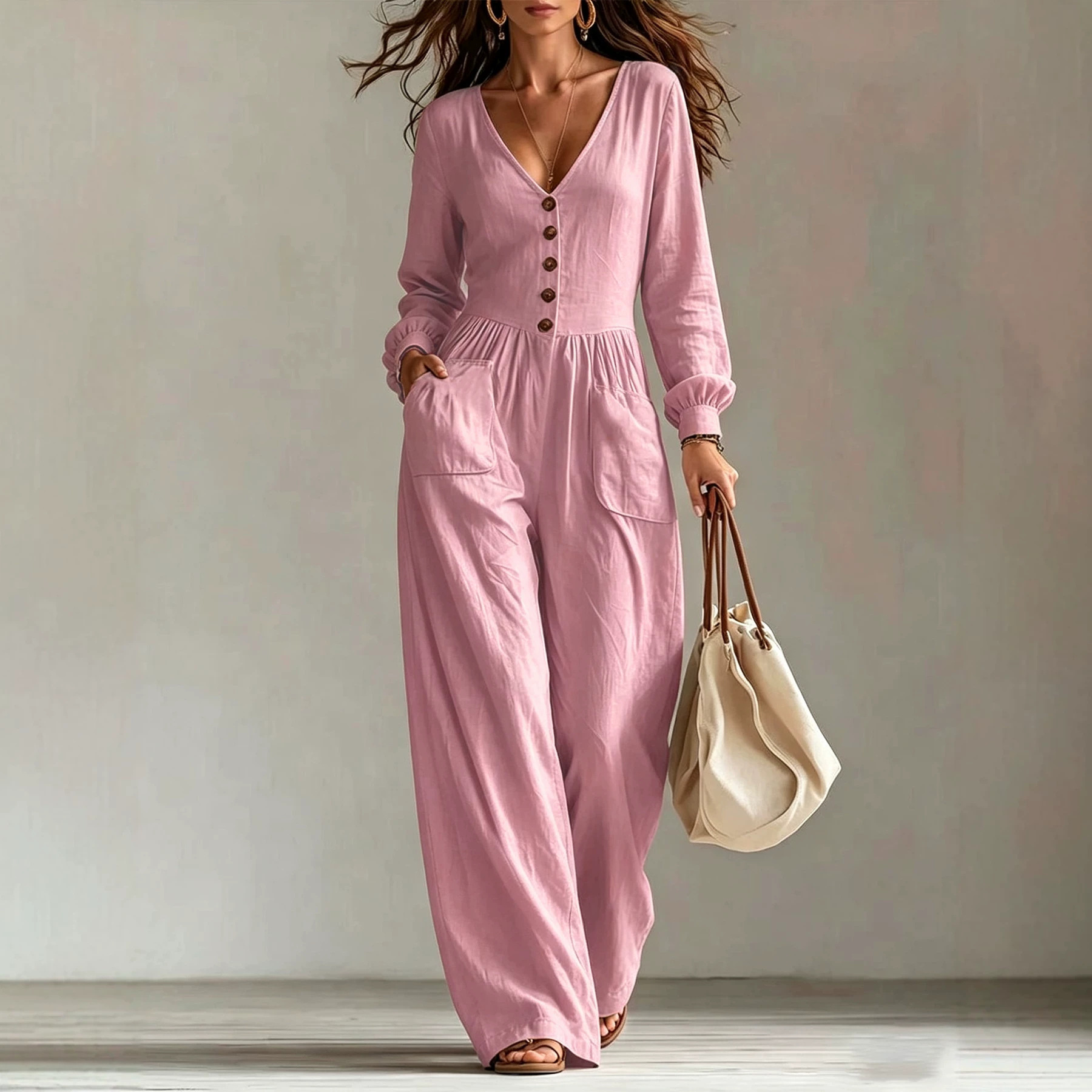V-Neck Long-Sleeve Button Wide-Leg Jumpsuit Set
