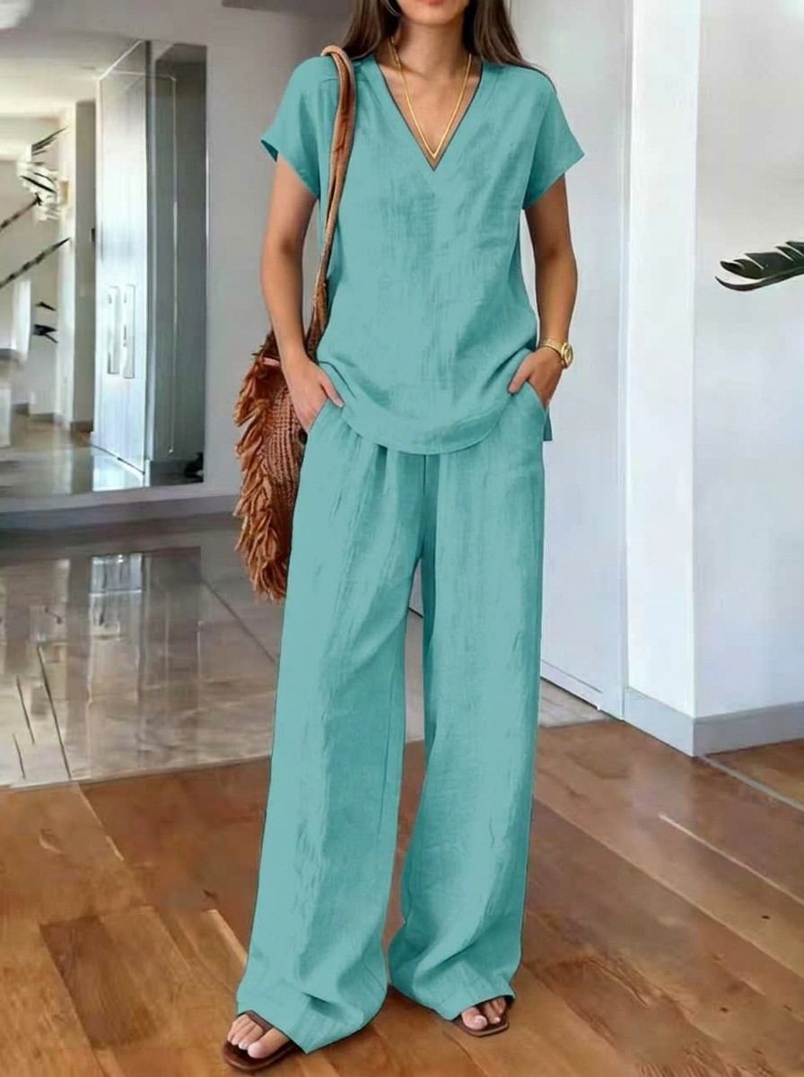 Women's V-Neck Short Sleeve Top & Wide Leg Pants Set