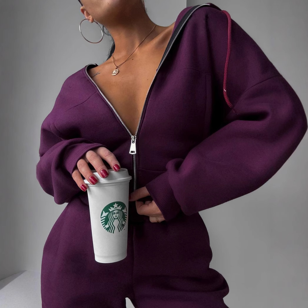 Women's Solid Color Hooded Long Sleeve Jogger Two-Piece Tracksuit