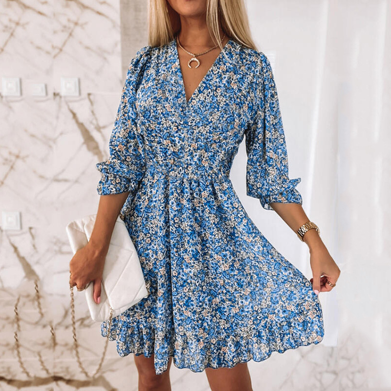 Women's Midi A-Line Dress with Bohemian Floral Print, Short Puff Sleeves, V-Neck, Waist-Cinching