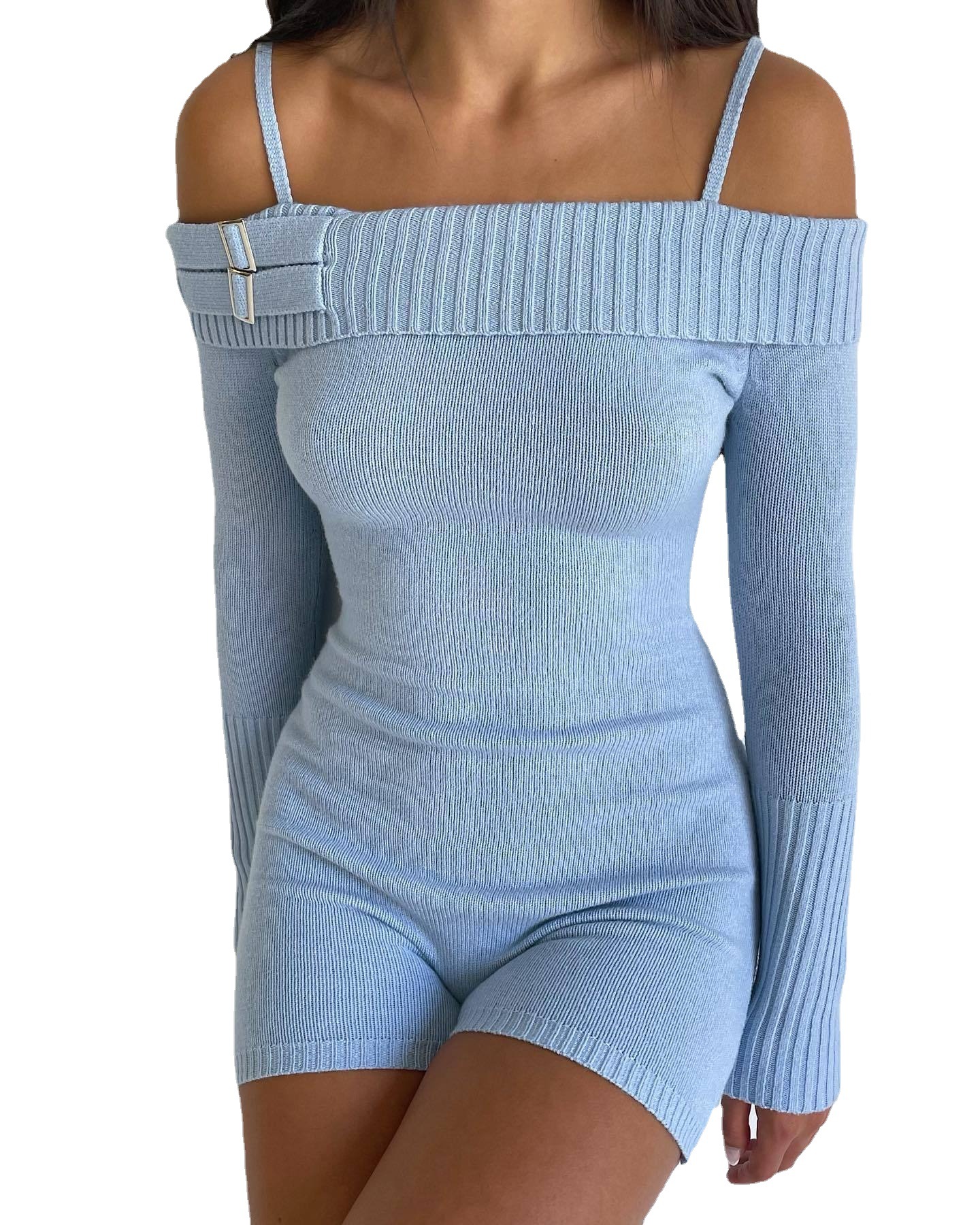 Off-Shoulder Cami Slim Fit High Waist Knit Jumpsuit