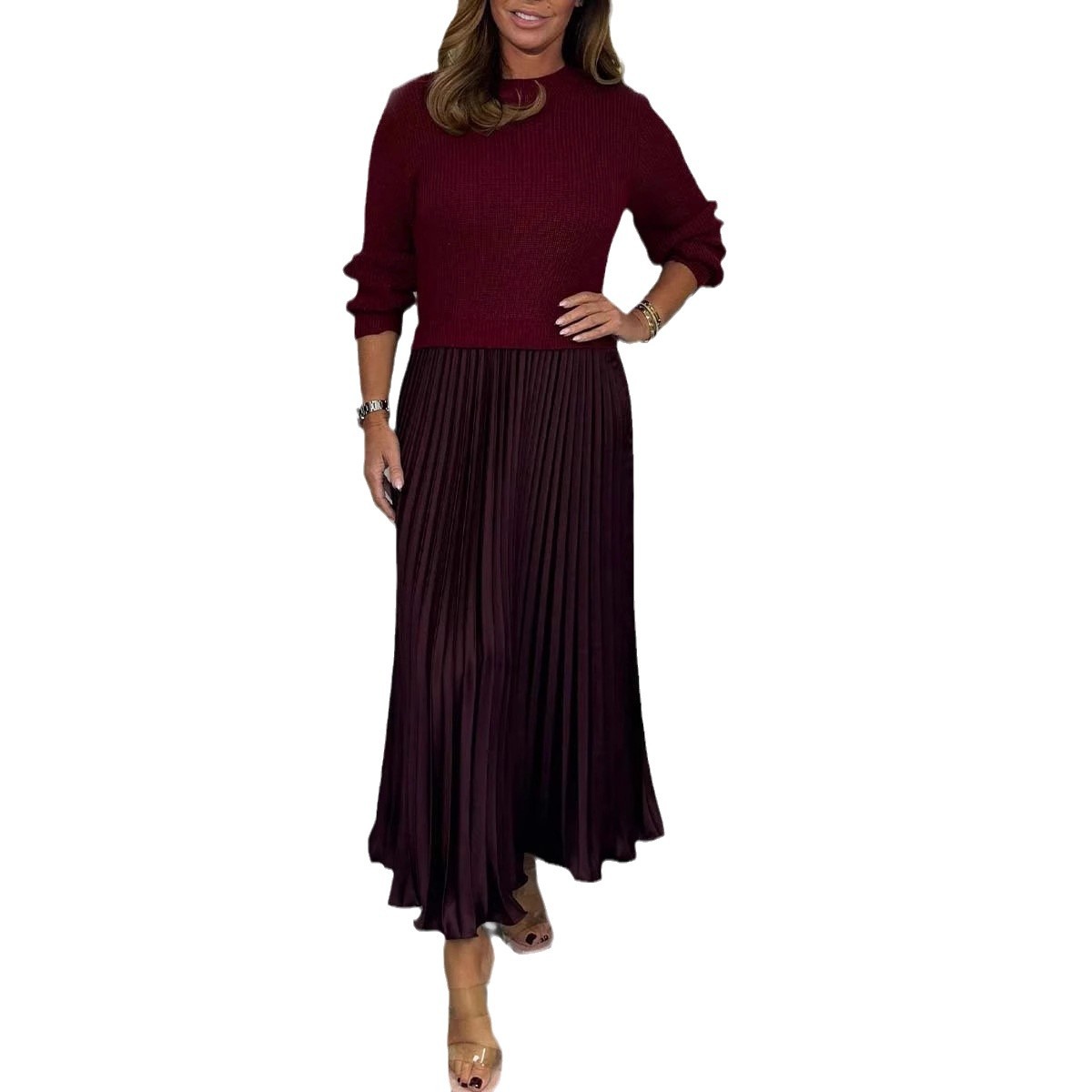 Women's Solid Color Knit Long Sleeve Pleated A-Line Dress