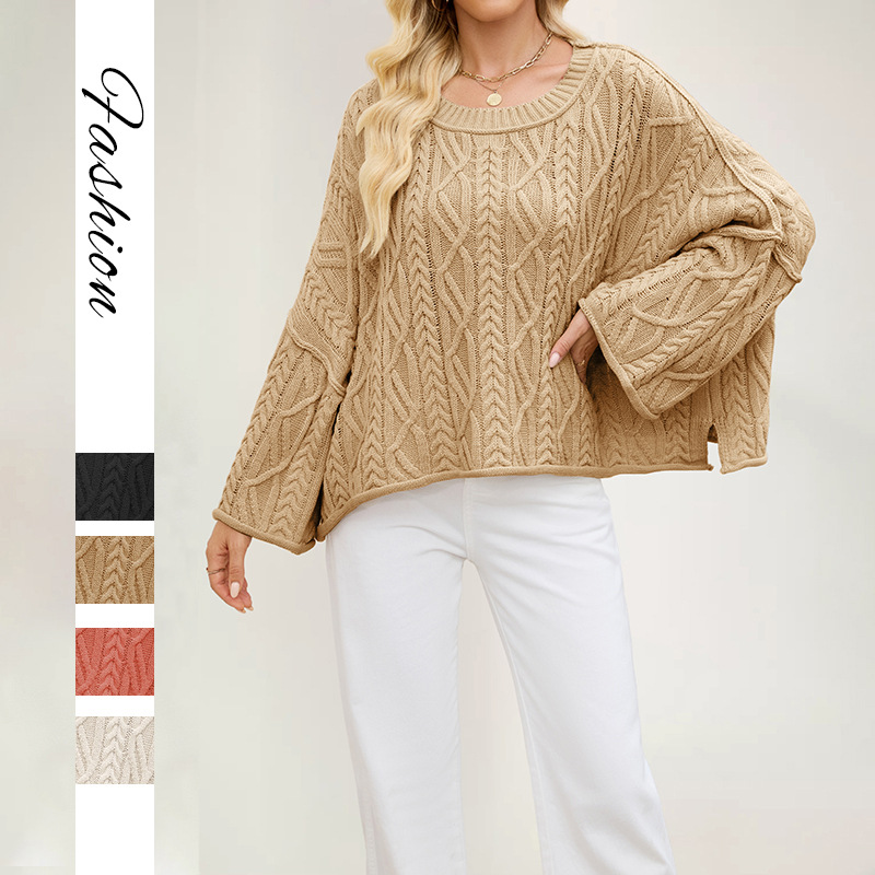 Cable-Knit Crewneck Loose Solid Color Sweater