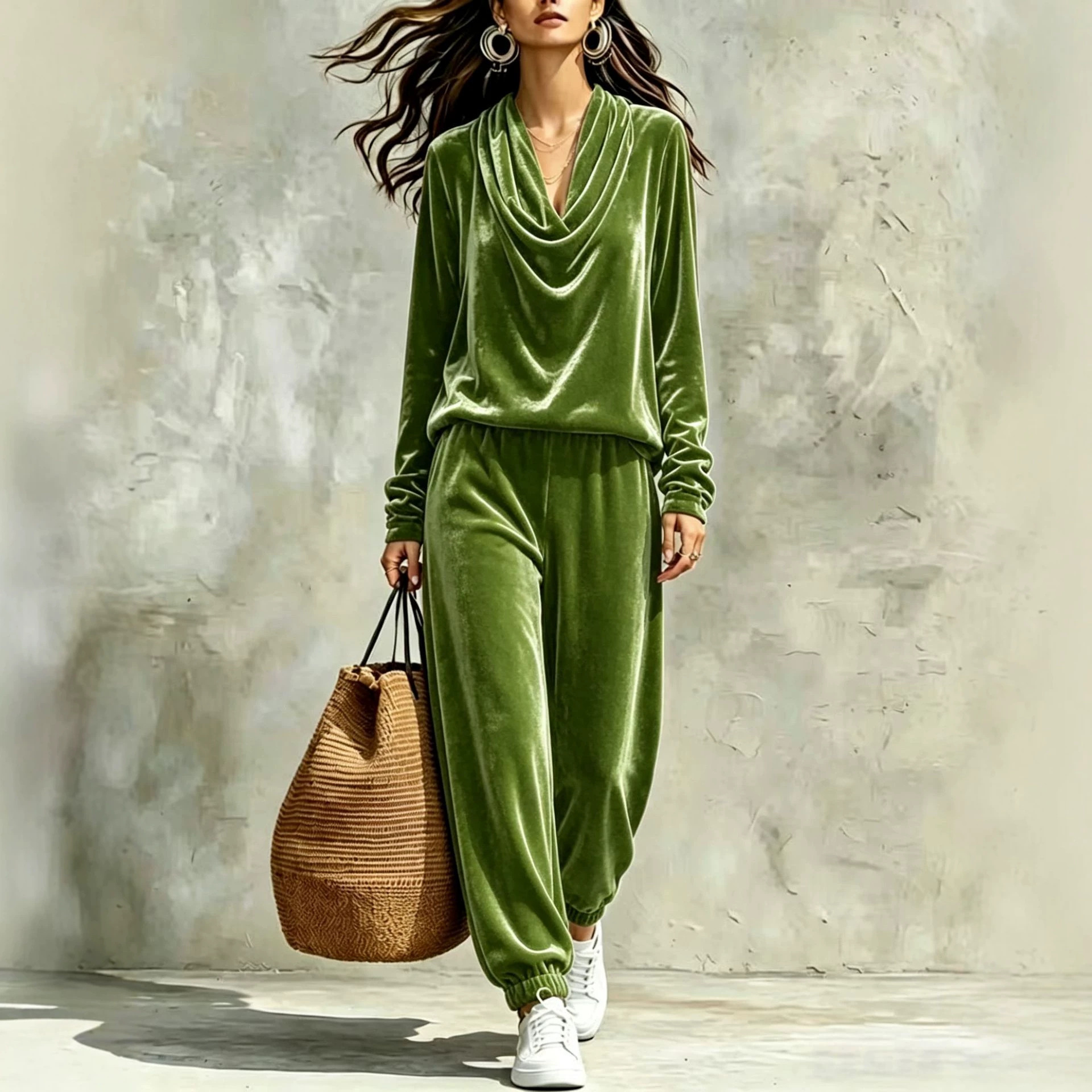 Women's Cowl Neck Long Sleeve Top and Jogger Pants Set Slimming Casual Two-Piece