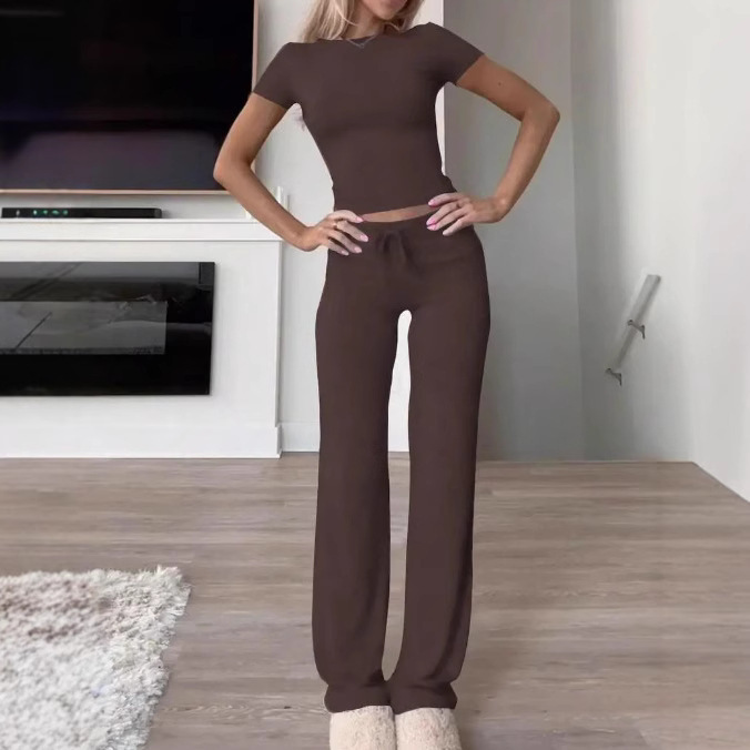 Women's Solid Color Long Pants and Short Sleeve T-Shirt Casual Two-Piece Set