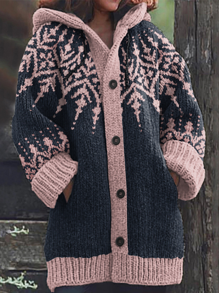 Women's Boho Print Hooded Button Cardigan Sweater