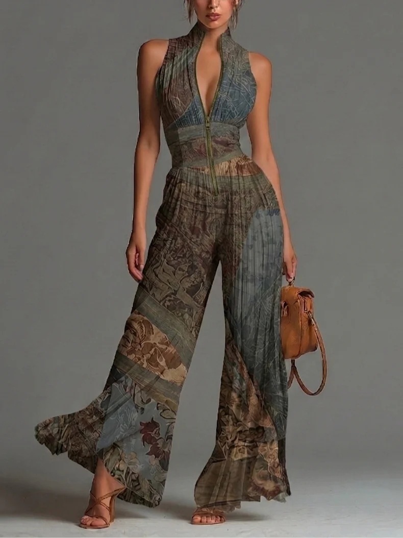 White Pleated Halter Wide-Leg Jumpsuit for Women