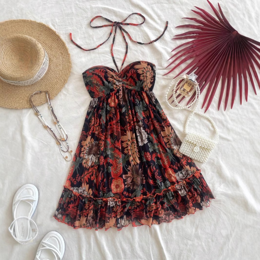 Women's Floral Print Halter A-Line Midi Dress with Ruffle Hem