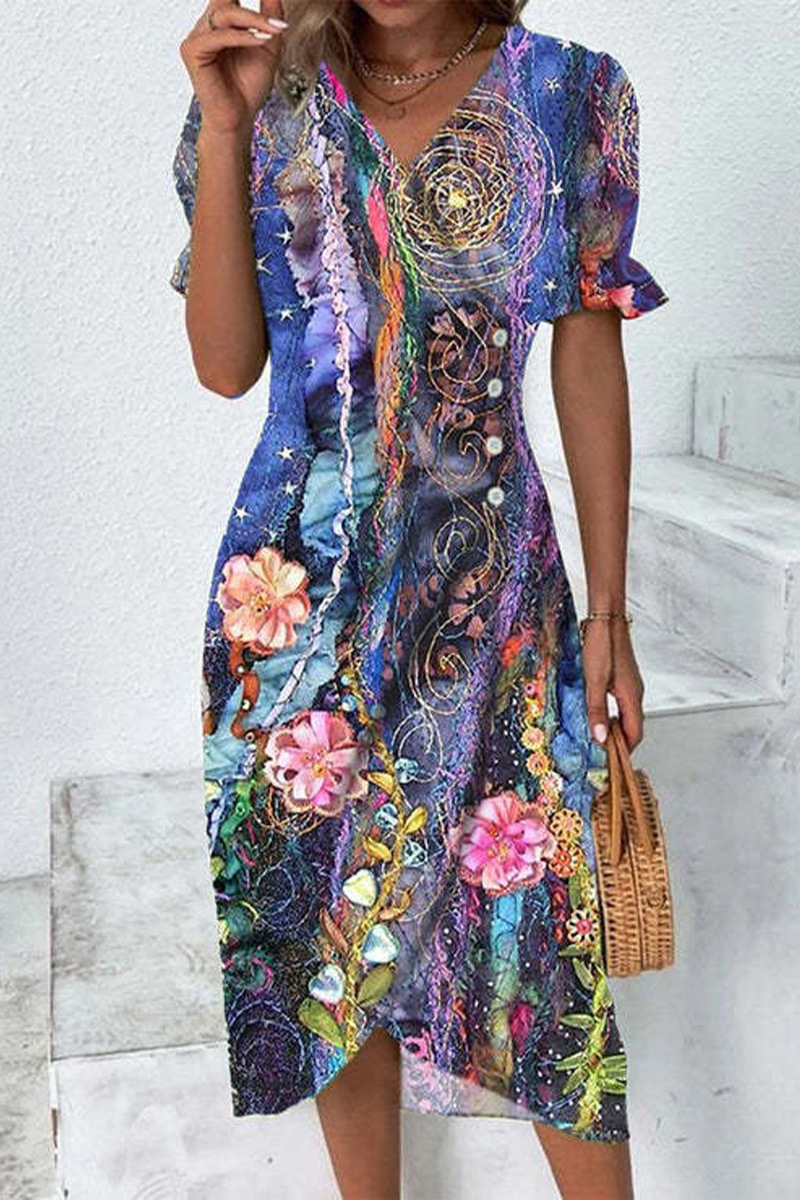 Geometric Patchwork Puff Sleeve Asymmetrical Hem Dress