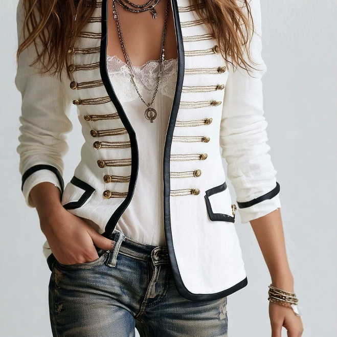 Navy-Style Solid Color Casual Jacket