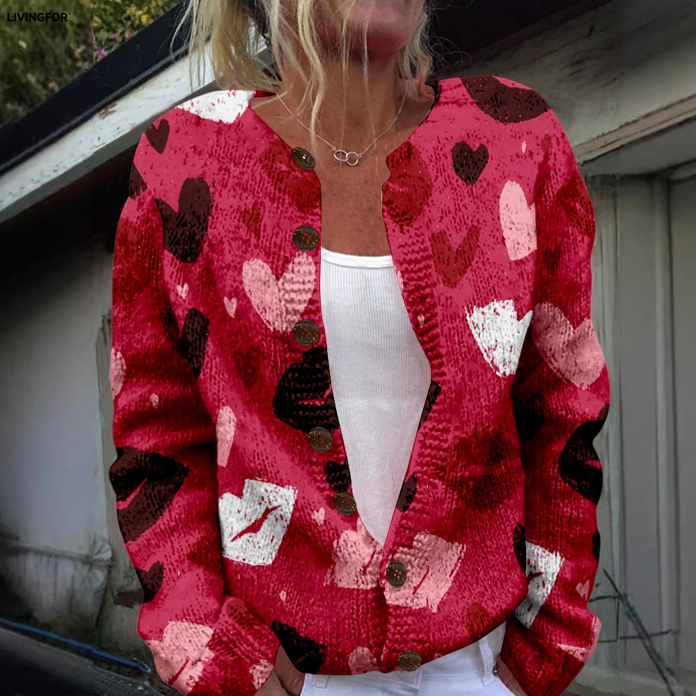 Women's Heart & Flower Print Button Cardigan Sweater