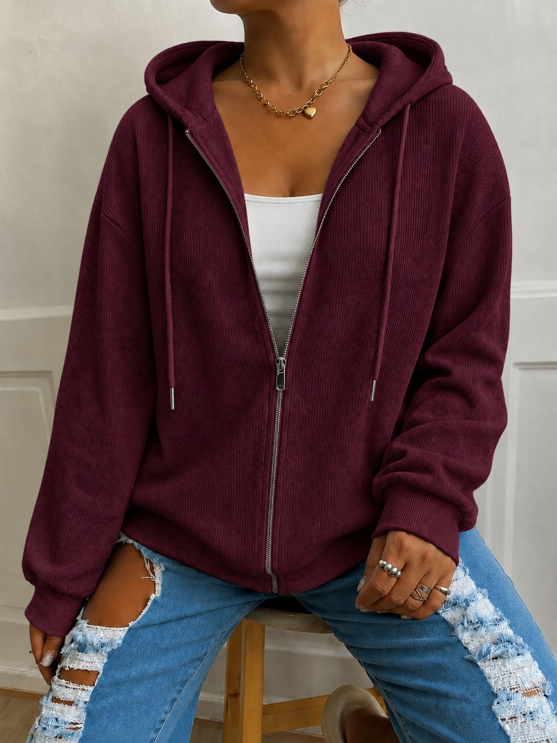 Women's Casual Loose Hooded Zip Knit Cardigan Textured Long Sleeve Outerwear