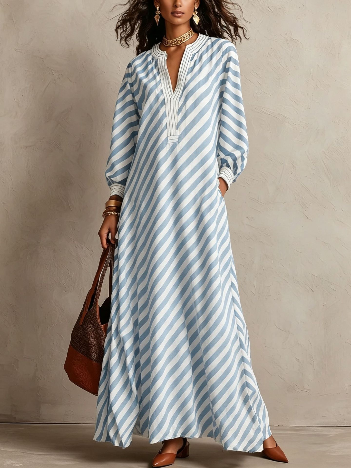 V-Neck Striped Loose Long Dress