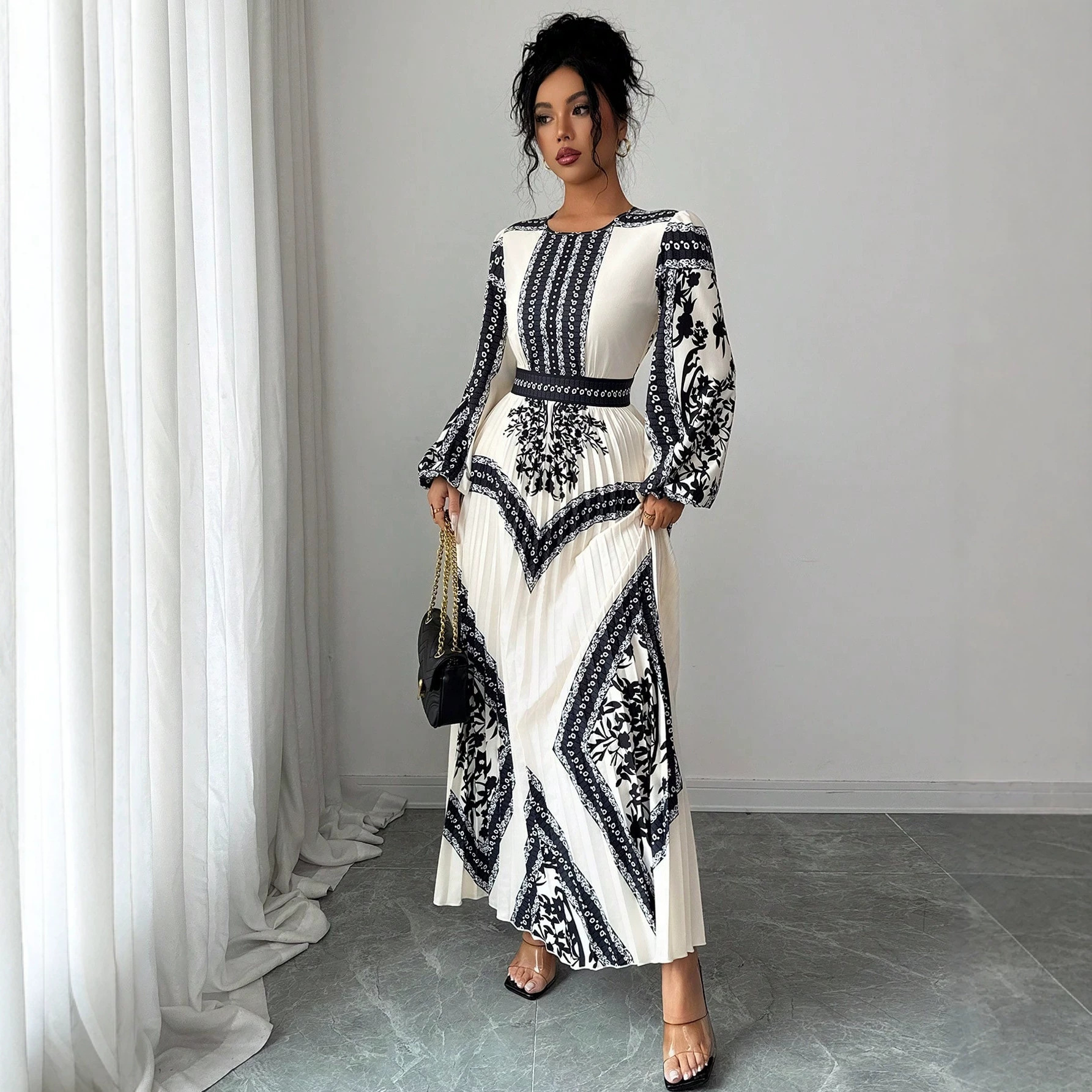 Black and White Print Pleated Dress with Cinched Waist and Bell Sleeves