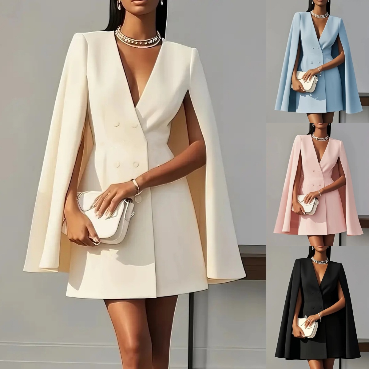 Double-Breasted Cape Blazer Dress Solid Color