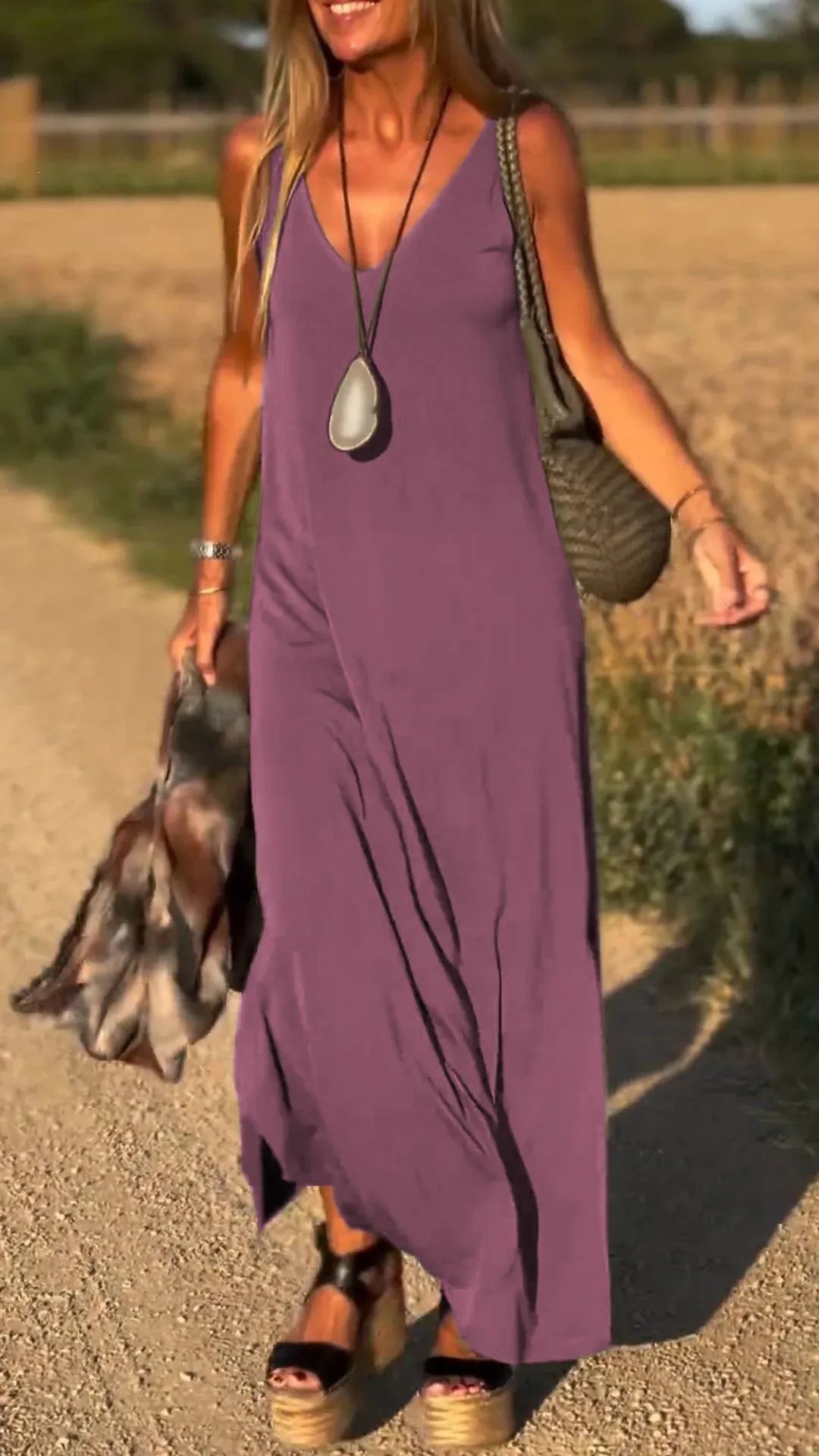 V-Neck Sleeveless Knit Maxi Dress Casual Slim Fit