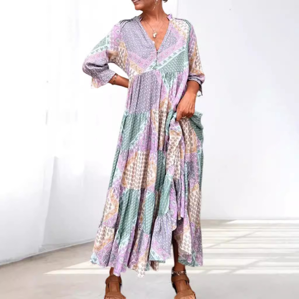 V-Neck Colorblock Casual Loose Long Dress