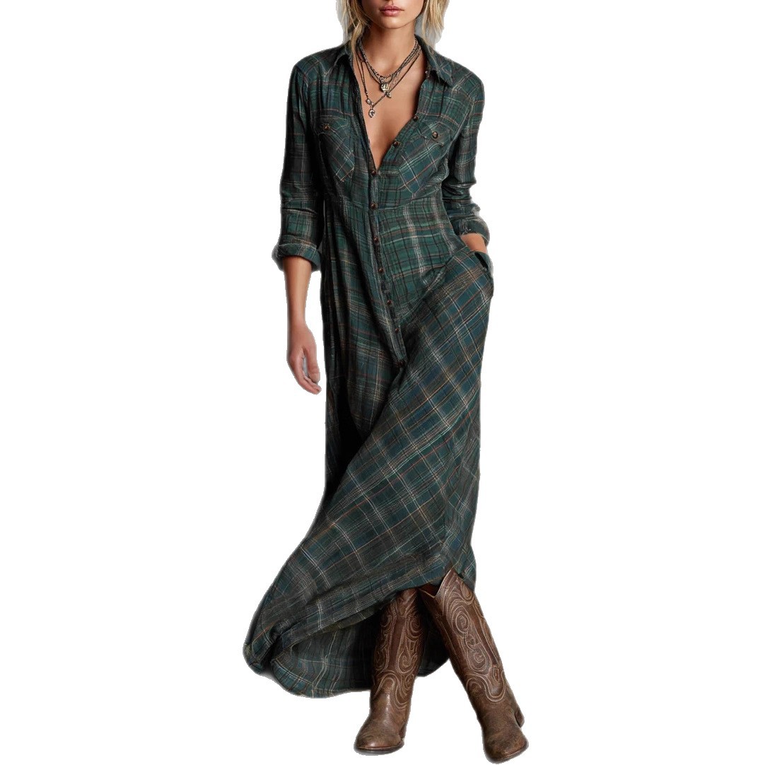 Elegant Long Sleeve Plaid Shirt Dress with Collar