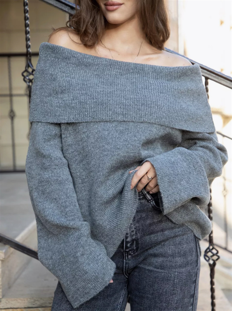 Women's Off-Shoulder One-Line Neck Slim Fit Solid Knit Pullover Sweater