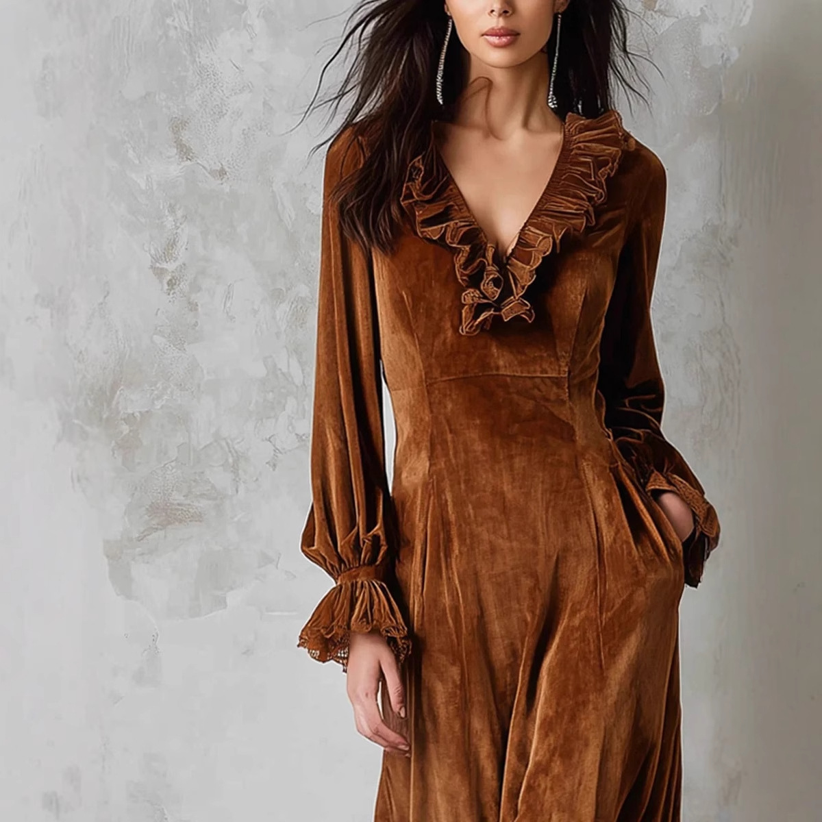 Women's Long Sleeve Lace-Trim Velvet Dress with V-Neck and Ruffled Lantern Sleeves
