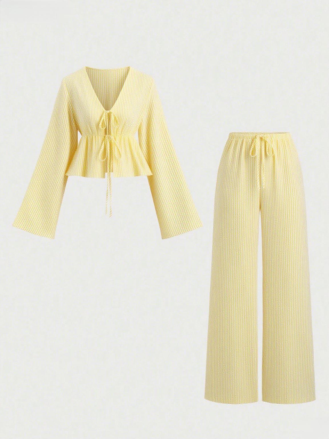 Striped Tie-Front Long-Sleeve Two-Piece Pants Set