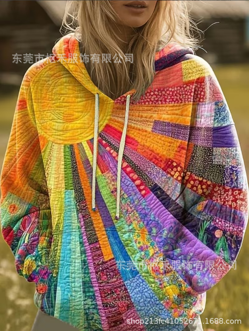 Women's Colorful Oil Painting Sun Print Casual Hoodie