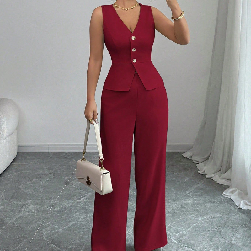 Women's Sleeveless Vest and Long Pants Two-Piece Set Solid Color Commuter Outfit