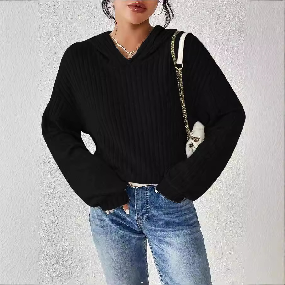 Women's Loose Solid Color Long Sleeve Ribbed Hooded Sweatshirt