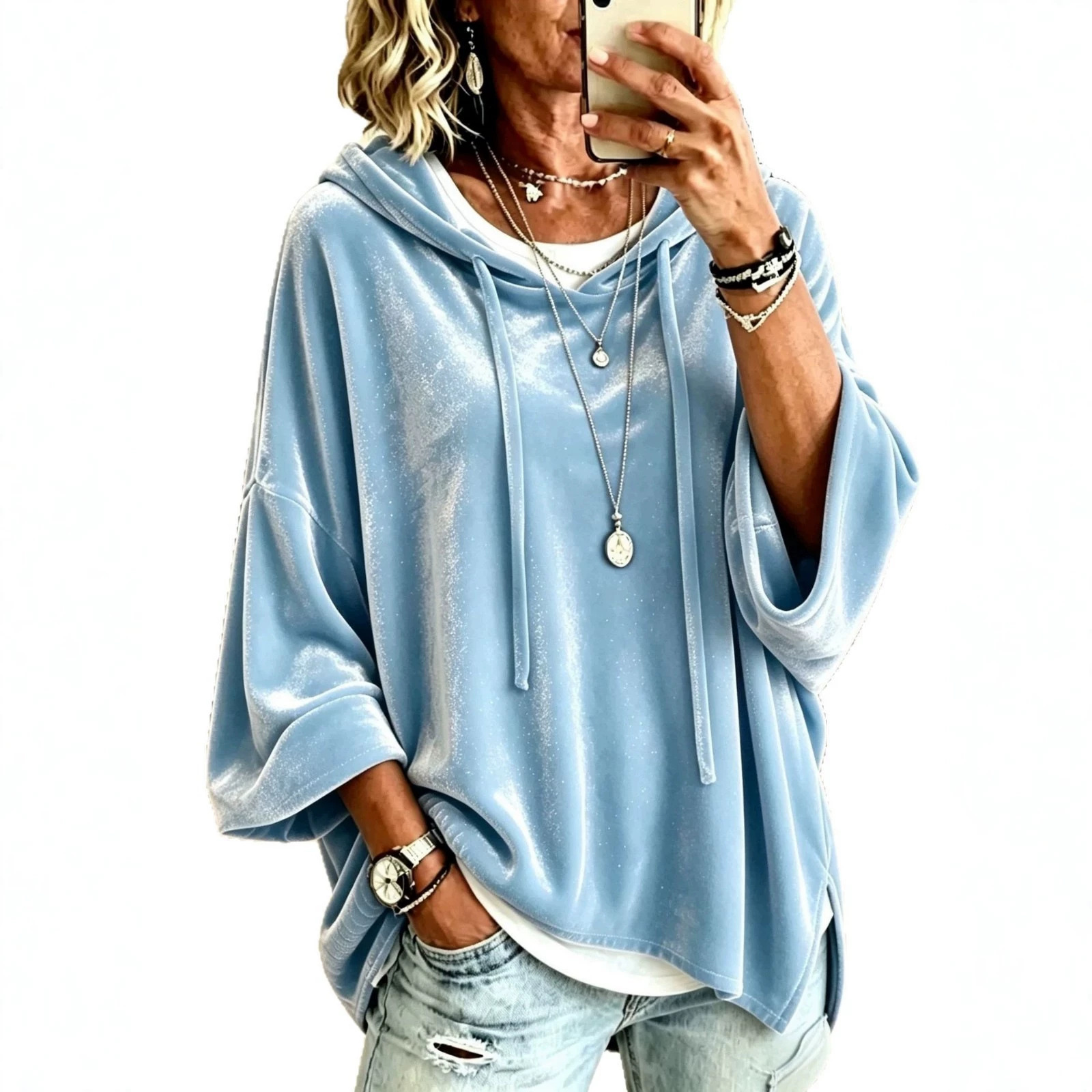 Women's Velvet Hooded Drawstring Sweatshirt Loose Fit