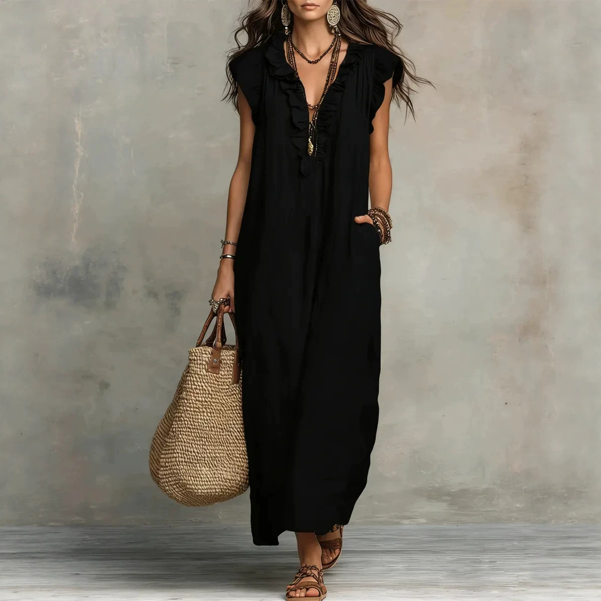 Boho Flutter-Sleeve Maxi Dress with Deep V-Neck