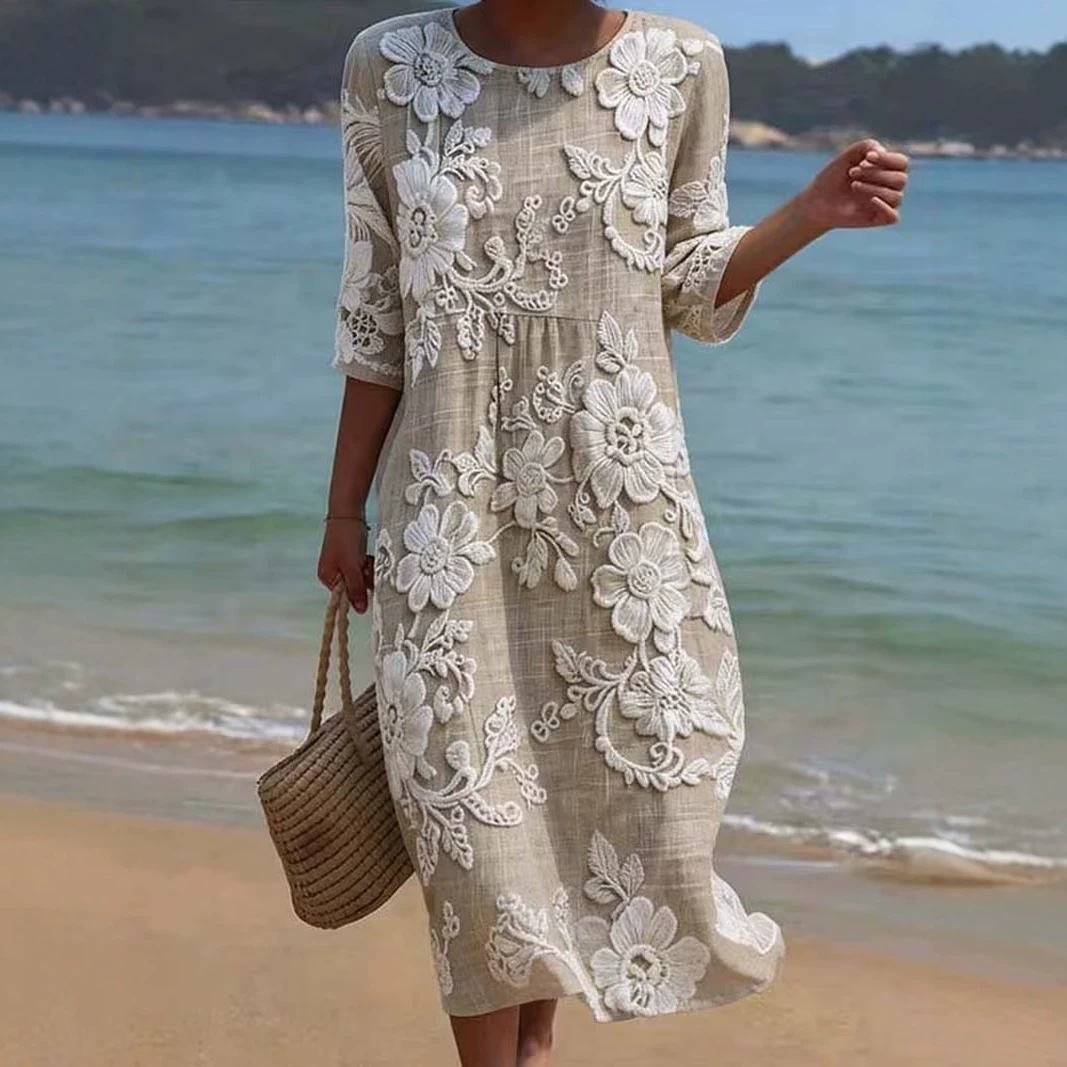 Women's Vintage Floral Print Pleated Midi Dress