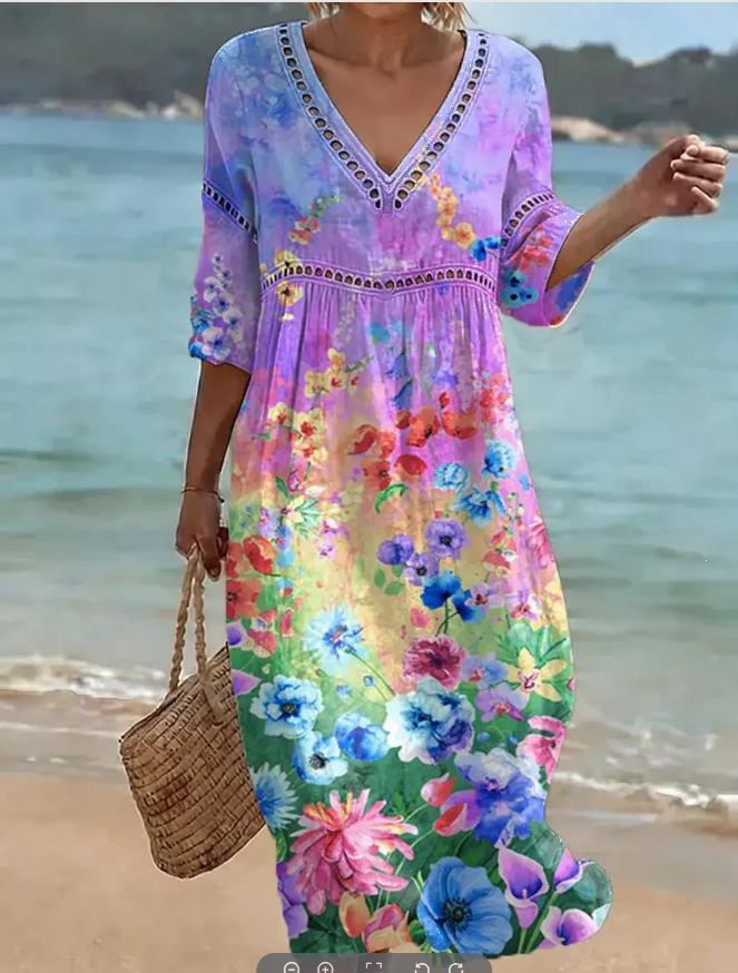 Women's Floral Print Pleated Midi Dress with Deep V-Neck and Five-Quarter Sleeves