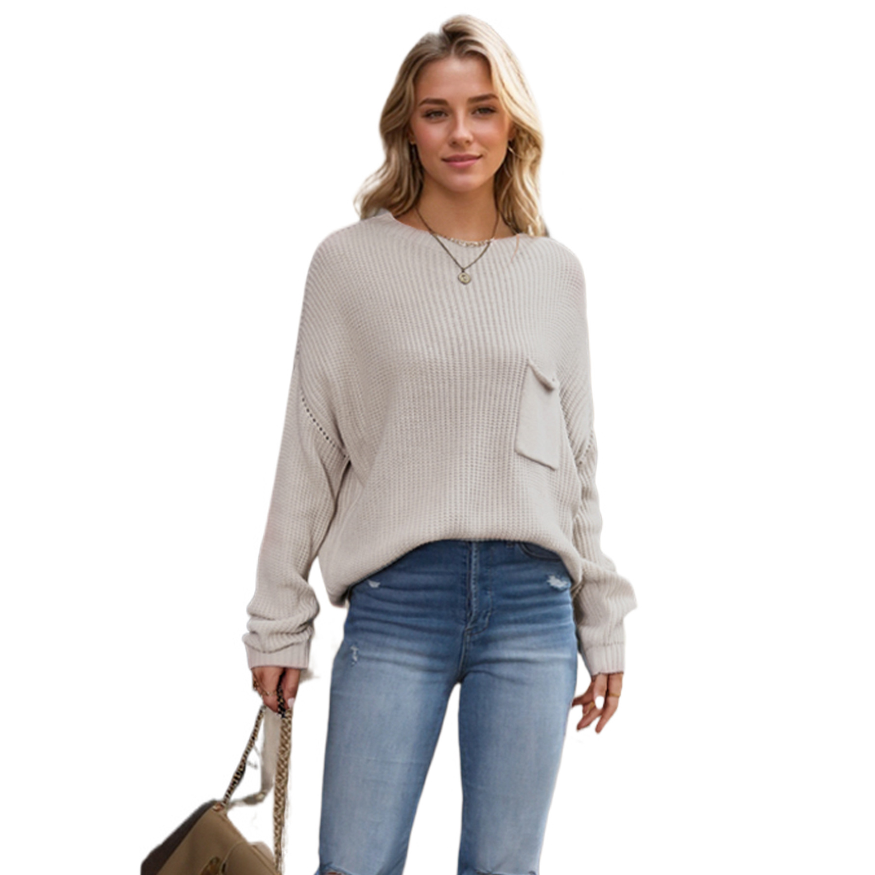 Solid Color Round Neck Pocket Knit Pullover Sweater for Women