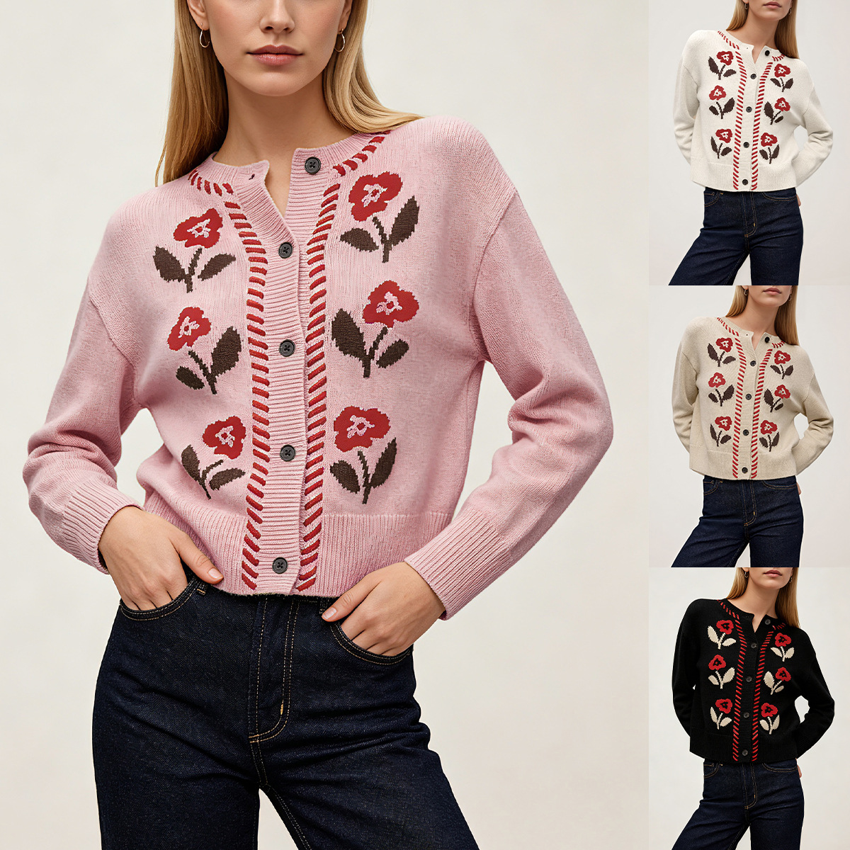 Retro Floral Knit Cardigan Women's Crewneck Button Long Sleeve Sweater