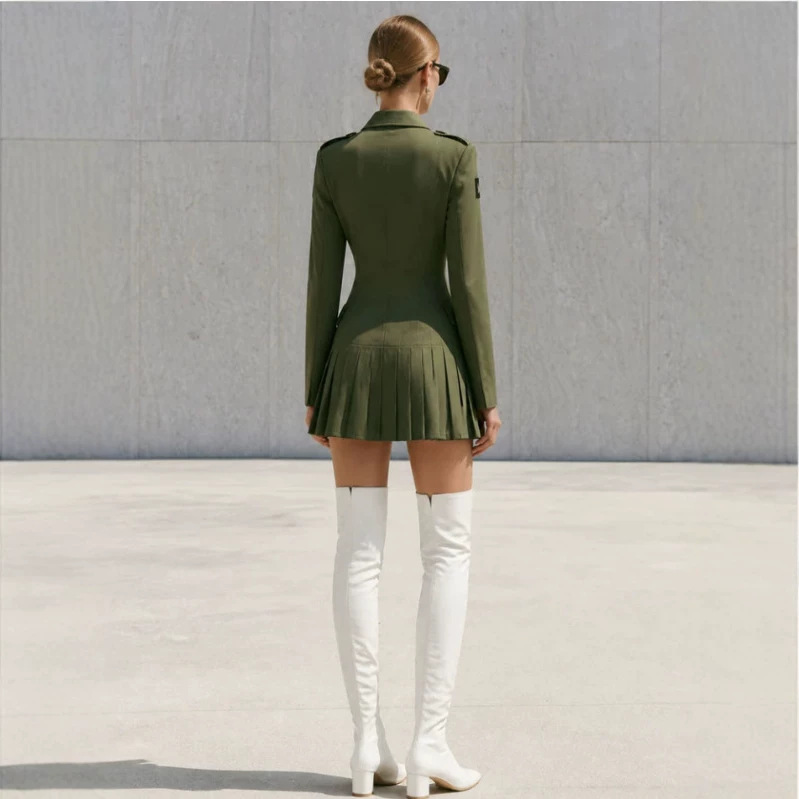 Elegant Vintage Army Green Pleated Mini Dress with Long Sleeves