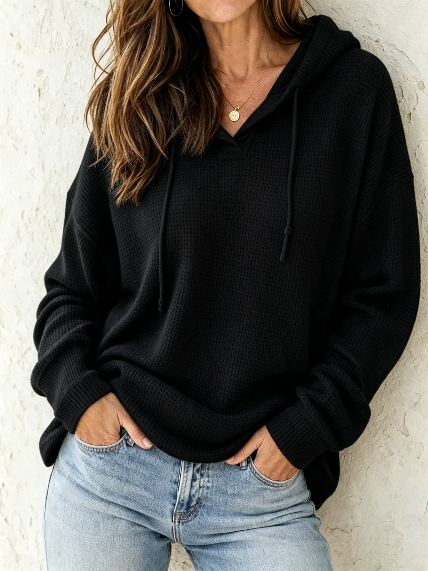 Women's Solid Color Waffle Knit Drawstring Hooded Pullover Sweatshirt