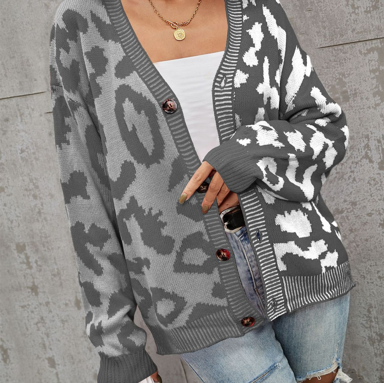 Leopard Print Patchwork Plus Size Button Cardigan Knit Sweater