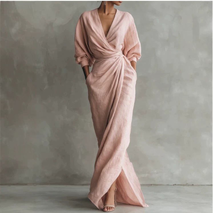 Women's Long Sleeve V-Neck Maxi Dress Solid Color Pleated A-Line Casual