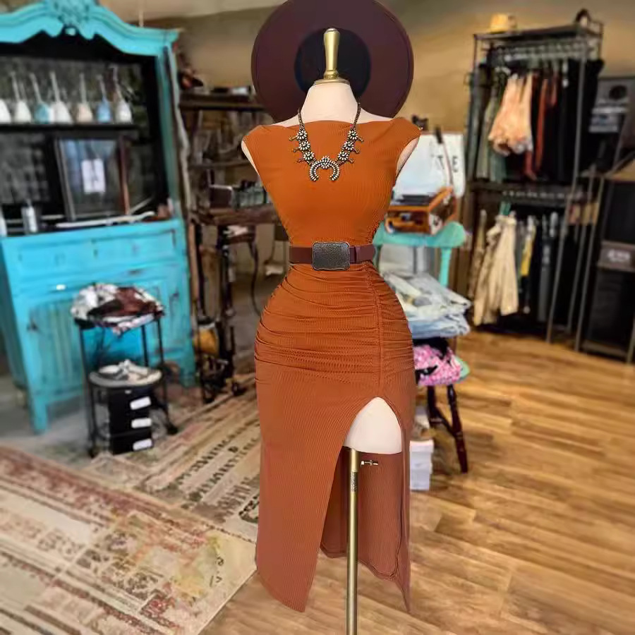 Women's Ribbed Knit Off-Shoulder Bodycon Midi Dress