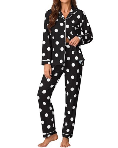 Women's Cuban Collar Polka Dot Print Long Sleeve Button Loungewear Set