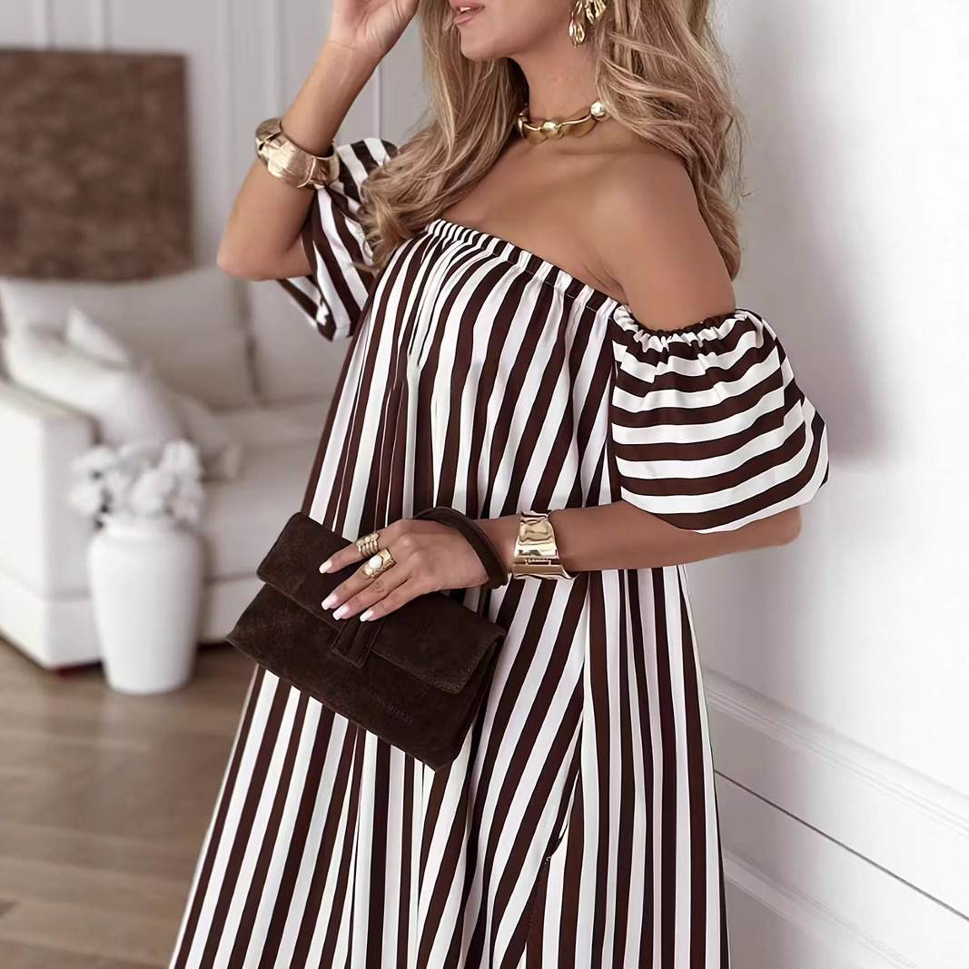 Elegant Off-Shoulder Striped A-Line Maxi Dress with Flared Sleeves