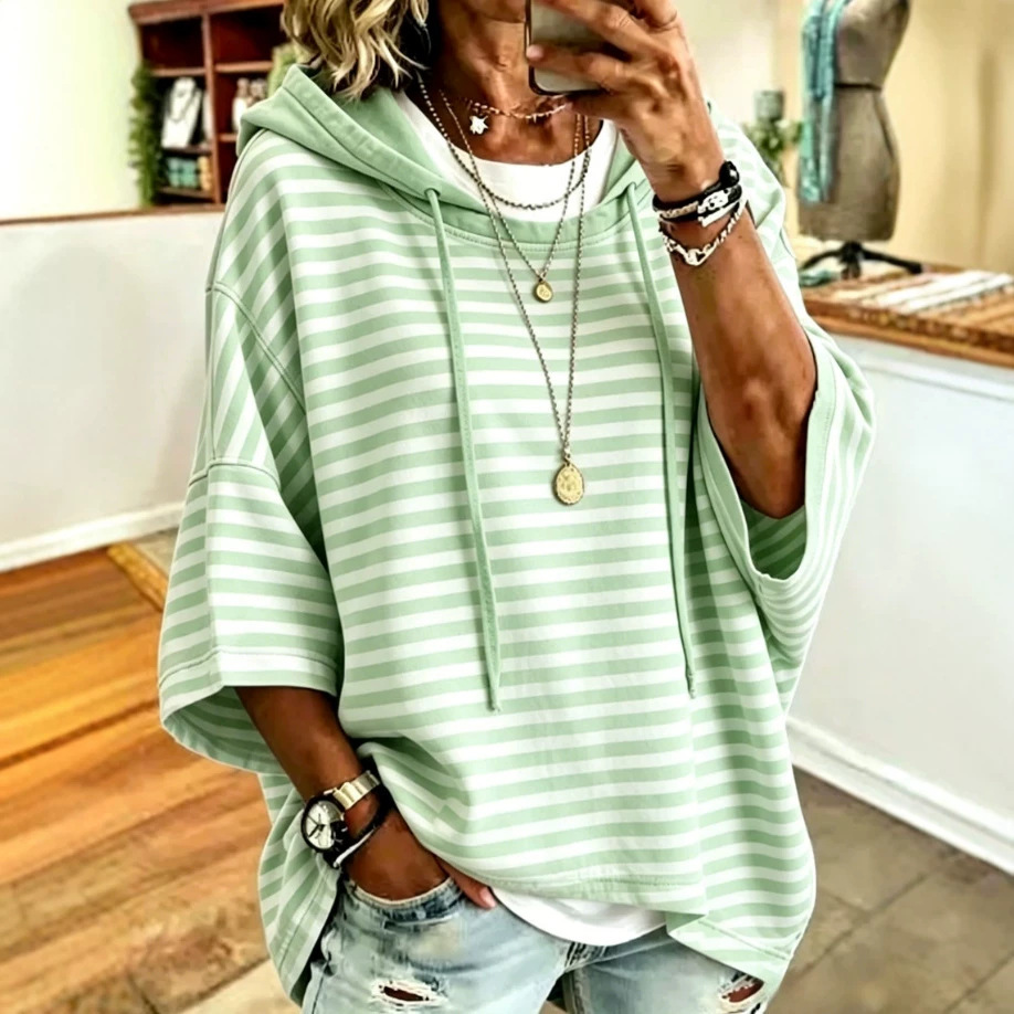 Women's Striped Hooded Pullover Sweatshirt with 3/4 Sleeves