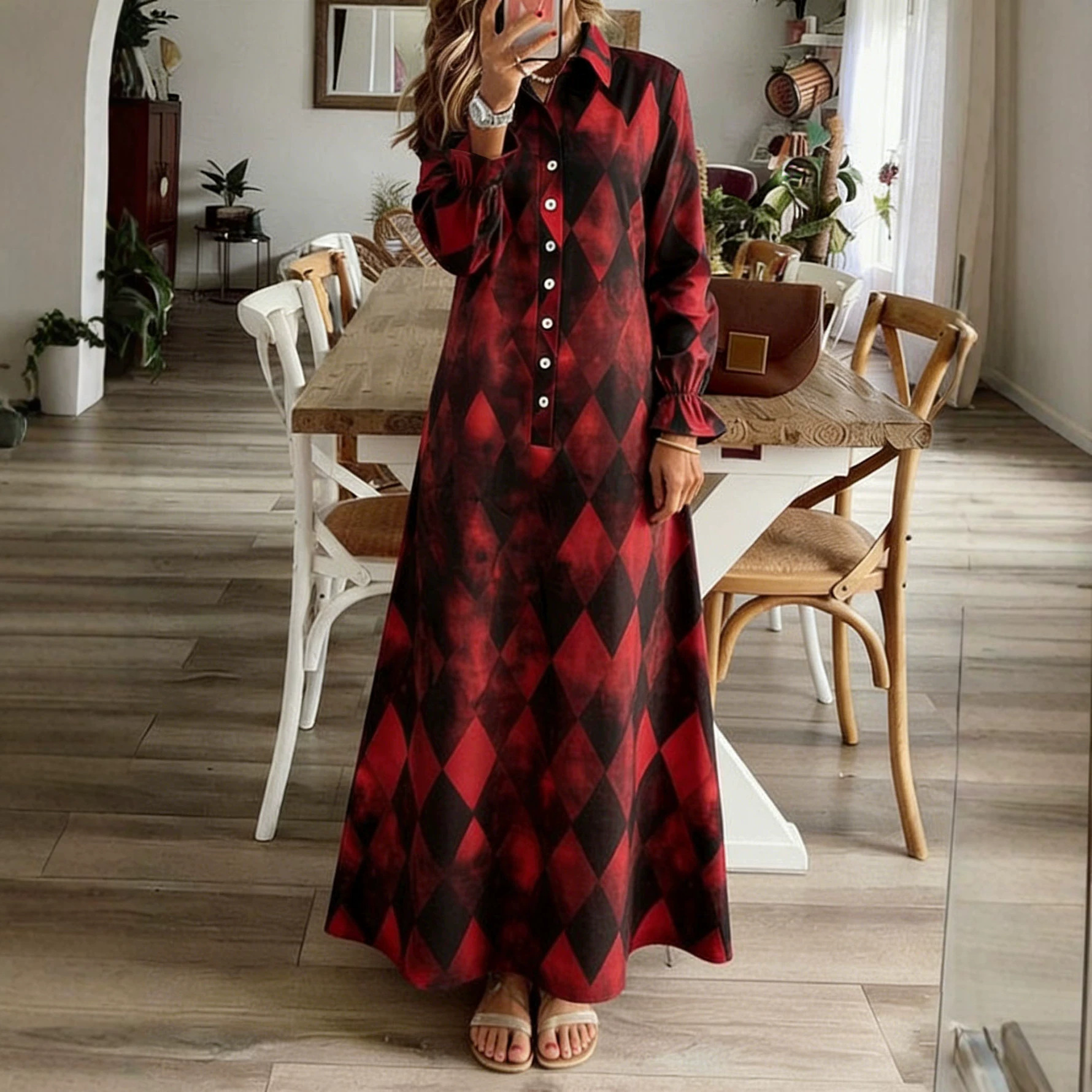 Plaid Ruffle Sleeve Loose A-Line Long Dress