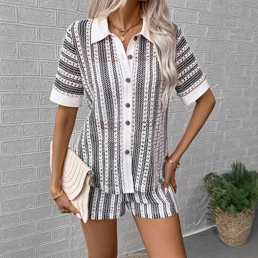 Striped Knit Collared Cardigan and Shorts Set