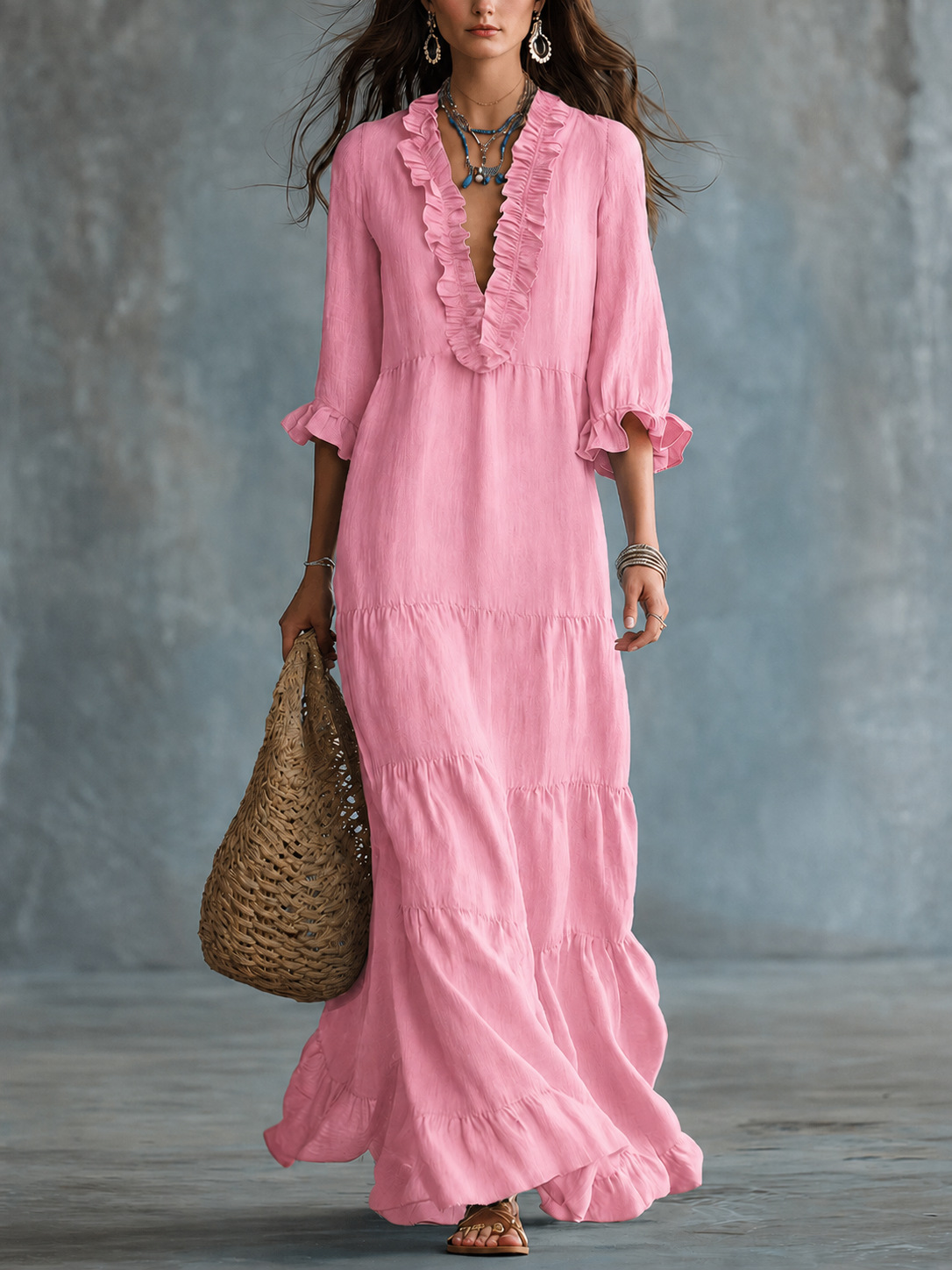 Women's Boho V-Neck Tiered Ruffled Maxi Dress
