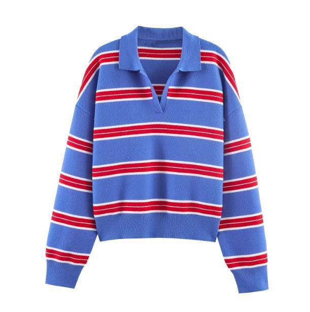 Women's Casual Loose Striped Polo Shirt Long Sleeve