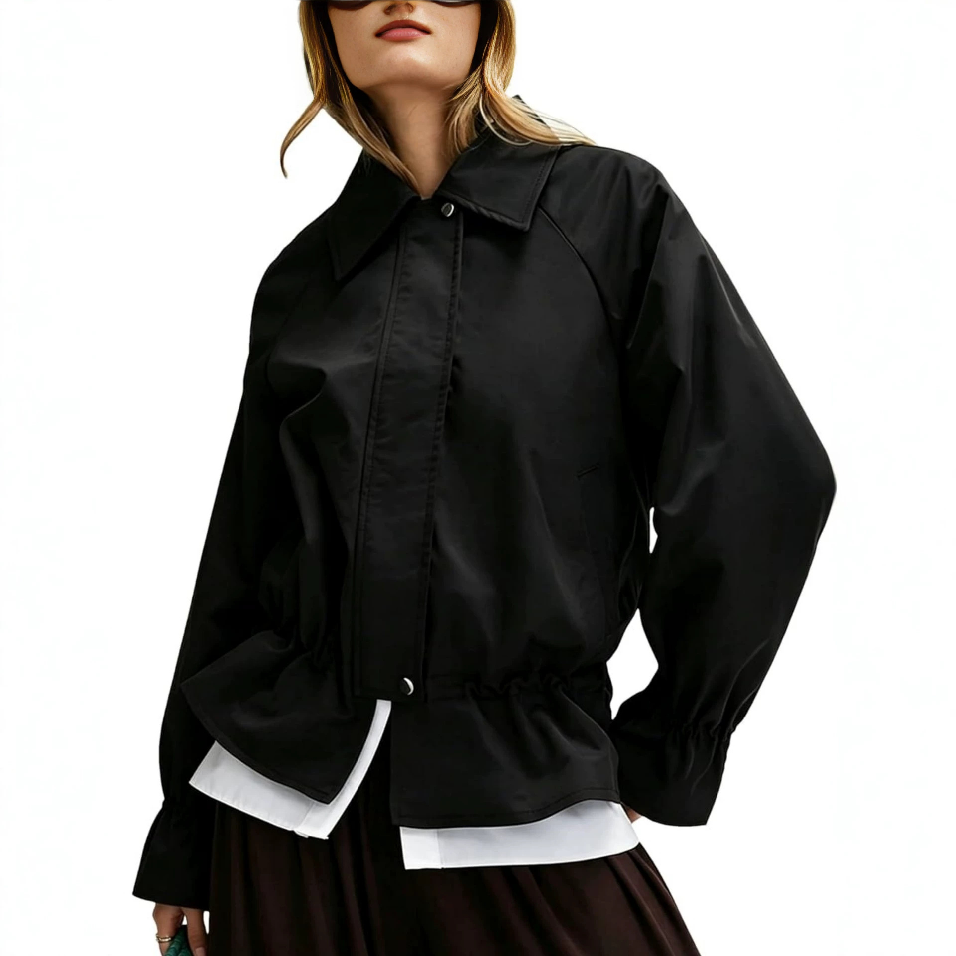Women's Loose Fit Polo Collar Zip-Up Jacket with Cinched Waist
