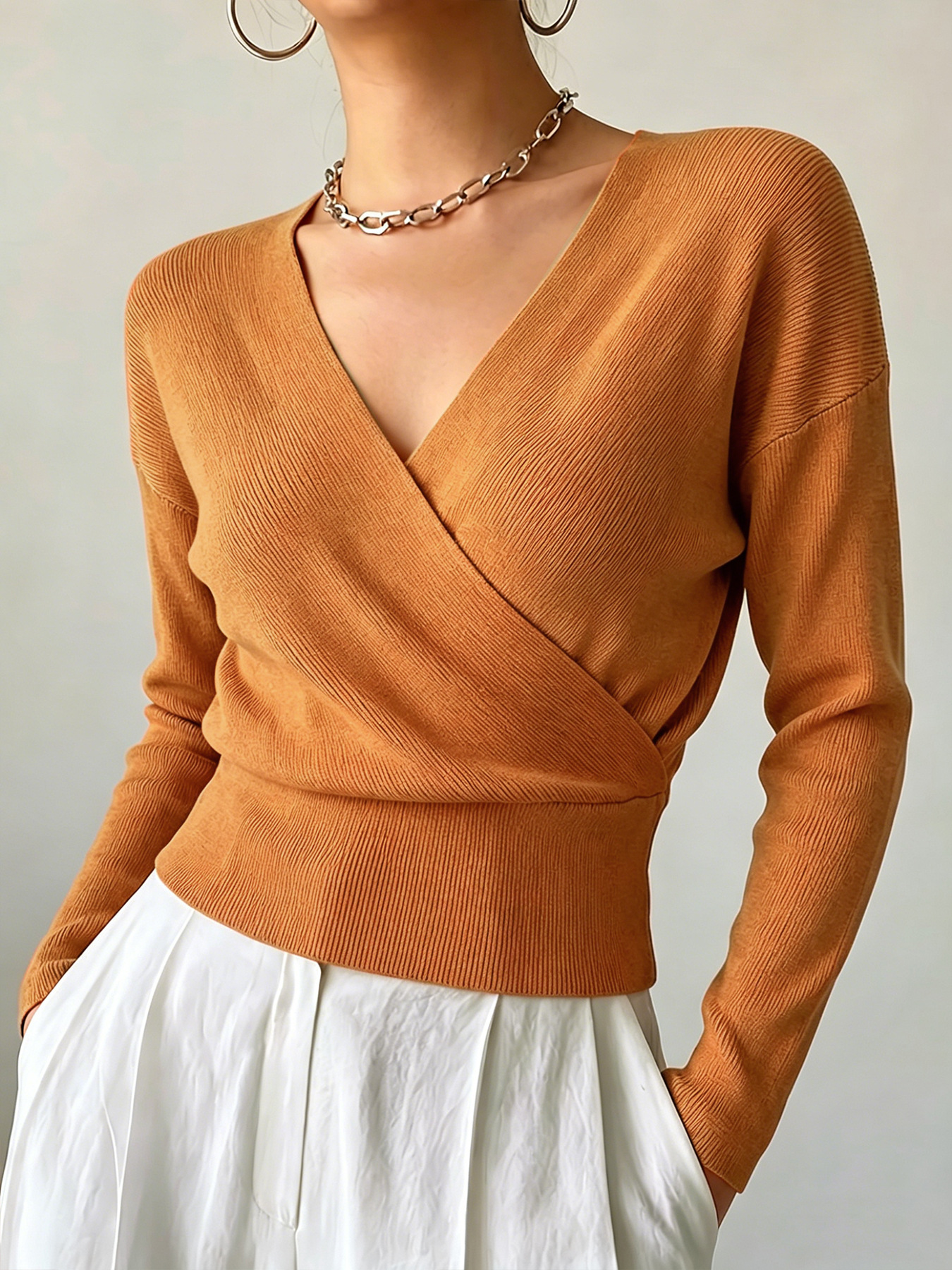 Women's Long Sleeve Cross V-Neck Knit Sweater Slimming Solid Color